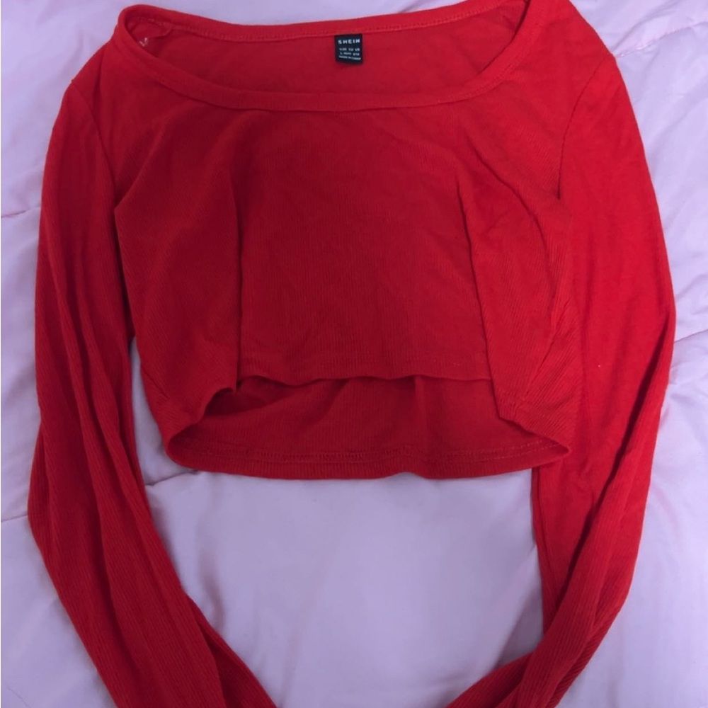 SHEIN Red Asymmetrical Long Sleeve Crop Blouse